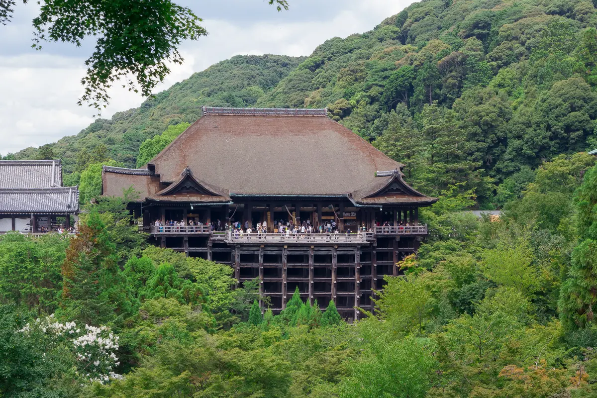 Kiyomizu-dera'nın ahşap verandasıyla birlikte yeşil bir vadiye bakan ana salonu
